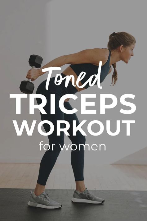 The 8 BEST tricep exercises for women in a 30-Minute Tricep Workout with dumbbells. From lying triceps extensions to tricep dips, these triceps exercises will make the muscles on the back of your arms pop! Add these 8 tricep exercises to your weekly strength training routine. Get toned arms and triceps at home with this dumbbell arm workout! Womens Arm Workout, Arm Gym Workout, Tricep Exercises For Women, Tricep Workout With Dumbbells, Tricep And Shoulder Workout, Tricep Workout Women, Get Toned Arms, Best Tricep Exercises, Triceps Exercises