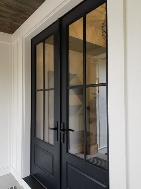 Internal Garage Door, Black Iron French Doors Exterior, Black Double Entry Front Doors, Double Entry Doors Glass, Dark Exterior Door, Exterior Double Doors Patio, Double Door Ranch House, Double Glass Front Door Entrance, Double Glass Doors Exterior