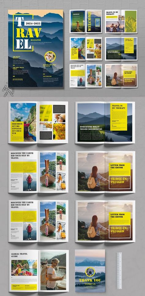 Travel Magazine Template Layout Magazine Brochure Design, Magazine Layout Design Canva, Magazine Layout Ideas Graphic Designers, Yearbook Layout Design, Magazine Feature Layout, Travel Magazine Layout Design Creative, Magazine Layout Design Templates, Music Magazine Design, Travelogue Ideas Layout