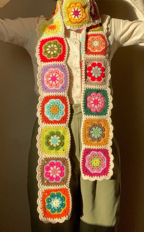 Things Made With Granny Squares, Colorful Scarf Crochet, Crochet Colorful Scarf, Flower Crochet Scarf, Crochet Scarf Border, Colorful Crochet Scarf, Corchet Scarf, Funky Crochet Scarf, Crochet Birthday Gifts For Women