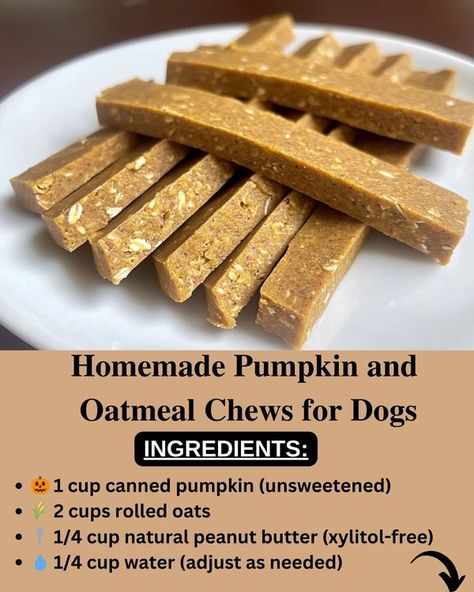 Homemade Pet Treats And Other Pet Items To Make / Sell | 🍁 Homemade Pumpkin and Oatmeal Chews for Dogs 🐶 | Facebook Healthy Homemade Dog Treats Natural, Homemade Dry Dog Food, Dog Halloween Treats Homemade, Human Dog Food Recipes, Air Fried Dog Treats, Homemade Doggie Treats Recipes, Homemade Pet Food, Dog Homemade Treats, Food To Make And Sell