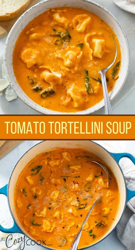 A collage of Tomato Tortellini Soup in a bowl and in a Dutch oven. Best Freezer Meals, Tomato Tortellini Soup, Sausage Tortellini, Minestrone Soup Recipe, Comfort Soup Recipes, Tortellini Recipes, Tortellini Soup, Stuffed Pepper Soup, Linguine