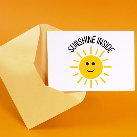 Sunshine Inside Greeting Card #sunshineinside #sendingsunshine #cheerup #getwellsoon #thinkingofyou #youfeellikesunshine #carepackagecard #empowerment #encouragement #cheerfulcard Sunshine Card, Baptism Thank You Cards, You Doodle, Custom Thank You Cards, Girl Christening, Get Well Soon Gifts, Funny Illustration, Heart Balloons, Cheer Up