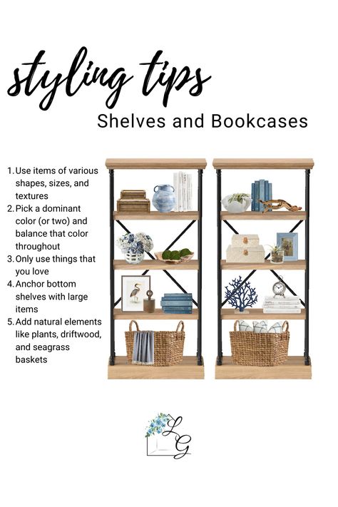 Bookshelf Styling Living Room Modern, Bookshelf Styling With Family Pictures, Five Shelf Bookcase Decor, Tall Bookcase Decor, Style A Shelf Display, Knick Knack Display Ideas Living Rooms, Bookcase Styling With Books Living Room, Double Bookshelf Styling, Styling A Ladder Shelf