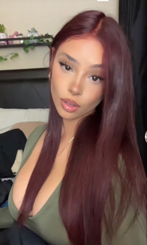 Cherry Red Coke Hair, Red Coke Hair, Dark Red Hair On Tan Skin, Cherry Red Dark Hair, Coke Cherry Hair, Tan Girl Hair Color Ideas, Brown Girls With Red Hair, Red Wine Hair Color Burgundy, Burgundy Hair Tan Skin