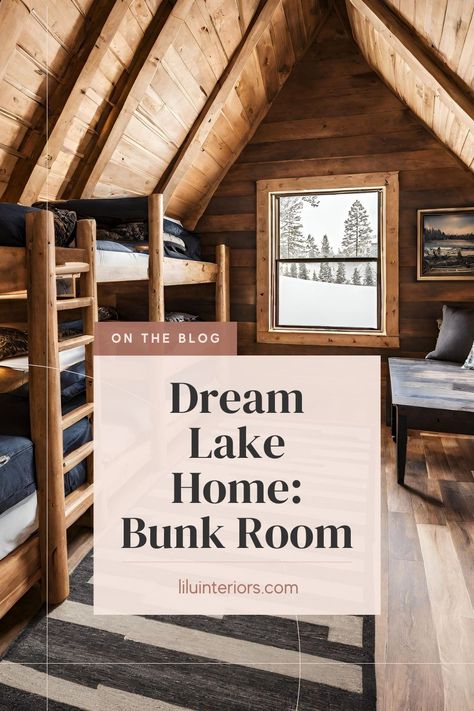 Dream Lake Home - Bunk Room Cabin Loft Bedroom Ideas, Ski Cabin Interior, Cabin Loft Bedroom, Coastal Guest Bedroom Ideas, Light Bedrooms, Cabin Bunk Room, Lake House Bunk Rooms, Coastal Guest Bedroom, Bunk Room Ideas