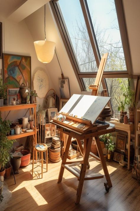 small attic art studio idea for small attics with low ceilings. Small Attic Spaces, Small Attic Room Ideas, Small Attic Room, Attic Room Ideas, Art Studio Space, Art Studio Room, Small Attic, Art Studio At Home, Inspire Me Home Decor