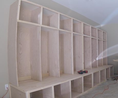 Diy Garage Locker Storage, Diy Mudroom Cubbies, Mudroom Cubbies Diy, Diy Storage Lockers, Mudroom Lockers Diy Plans, How To Build A Mudroom Locker, Diy Lockers Mudroom, Hallway Cubbies, How To Build Lockers For Mudroom