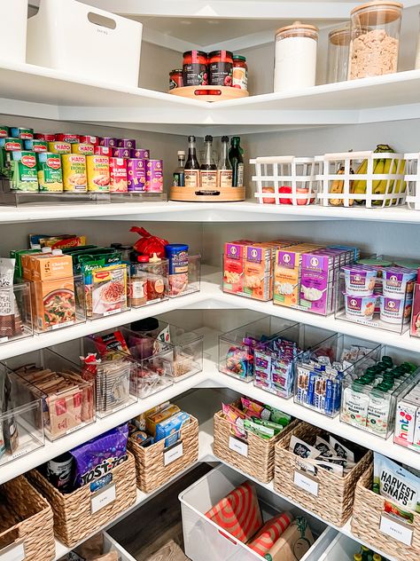 A beautifully organized pantry, including the before photo of a messy pantry. Healthy Organized Pantry, How To Organize Canned Goods In Pantry, Elegant Pantry Organization, Pantry Organization Clear Containers, Pantry Organization Ideas Clear Bins, Clear Bin Pantry Organization, Organized Pantry Aesthetic, Food Pantry Shelving Ideas, Healthy Pantry Organization