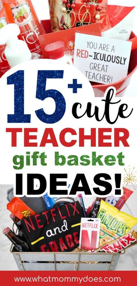 Show your appreciation to ALL teacher staff in your life, from daycare to preschool to middle school with these lovely DIY TEACHER GIFT BASKETS! Even a single gift from multiple students is great! Such a simple & inexpensive thing to give as a small thank you for their hard work! These make the BEST teacher appreciation gift ideas from students. Teacher Gift Basket Ideas, Teacher Gift Basket, Teacher Appreciation Gift Ideas, Appreciation Gift Ideas, Teacher Gift Baskets, Gift Basket Ideas, Basket Ideas, Best Teacher, Gift Basket