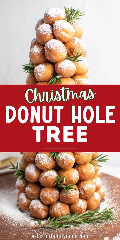 DIY Christmas donut hole tree. Donut Hole Wreath, Powder Donut Display, Christmas Tree Donuts Ideas, Powdered Donut Tree, Timbit Tower, Donut Holes Christmas Tree, Mini Donut Christmas Tree, Toothpick Christmas Tree, Donut Hole Christmas Tree Diy