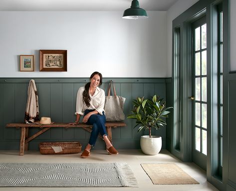 Green Farmhouse Entryway, Joanna Gaines Mudroom, Joanna Gaines Front Door Colors, Magnolia Homes Exterior Color Schemes, Green Mudroom Bench, Green Wainscoting Entryway, Magnolia Lake House Paint Colors, Joanna Gaines Interiors, Entryway Green Wall