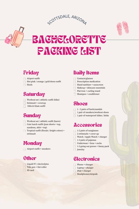 Bachelorette Packing List The Bride, Bachelorette Trip Planning, Arizona Bachelorette Outfits, Bachelorette Trip Packing List, September Bachelorette Party, Scottsdale Bachelorette Outfits, Scottsdale Packing List, Sedona Arizona Bachelorette Party, Bach Weekend Itinerary