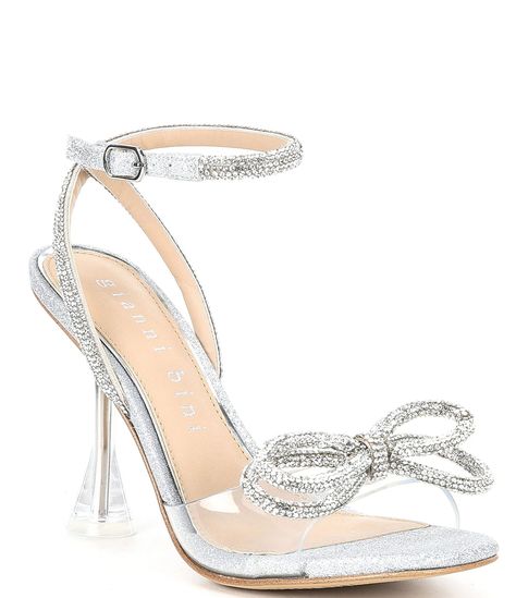 Haydn Glitter Rhinestone Bow Ankle Strap Clear Dress Heels | Dillard's Clear Dress, Homecoming Heels, Lucite Heels, Dress Heels, Sparkly Heels, Prom Heels, Glitter Heels, Rhinestone Heels, Cute Heels