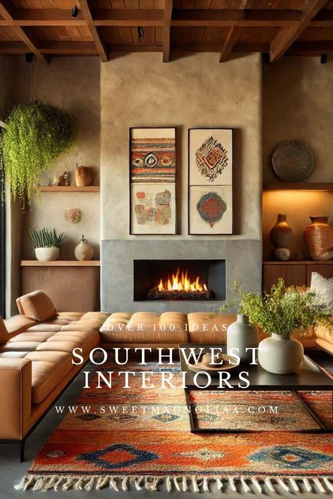 Transform Your Home with Southwest Interior Design - Sweet Magnoliaa Southwest Style Window Treatments, New Mexico Interior Design Santa Fe Style, South West Living Room, Classy Southwest Decor, Patagonia Interior Design, Modern Southwest Fireplace, Pendleton Interior Design, Ranch House Style Interior, High Desert Interior Design