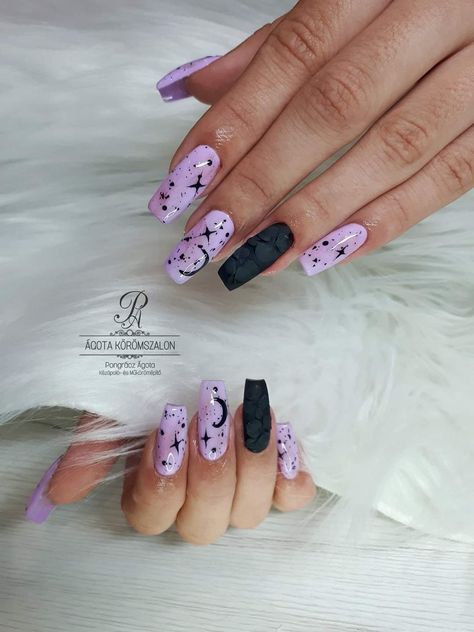 Pink And Purple Spooky Nails, Pastel Witch Nails, Witchy Nails Square, Pastel Goth Nails Creepy Cute, Goth Easter Nails, Pink Witchy Nails, Witchy Nails Coffin, Short Witchy Nails, Purple Witchy Nails