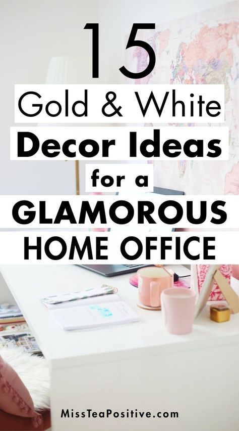 Office With Gold Decor, Feminine Office Shelves, Cream Color Office Decor, Blue Home Office Ideas For Women, Office Ideas White Desk, Small White Office Ideas, Home Office White Desk Ideas, White Pink And Gold Office, Female Desk Ideas