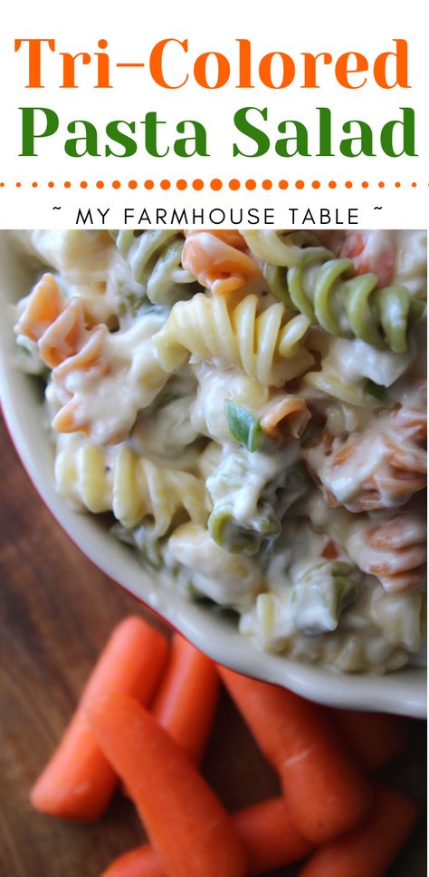 Tri Colored Pasta Salad - My Farmhouse Table Tri Rotini Pasta Recipes, Sweet Pasta Salads, Rainbow Pasta Salad, Tri Color Pasta Salad, Rotini Pasta Recipes, Rotini Pasta Salad, Carrot Pasta, Tri Color Pasta, Colored Pasta