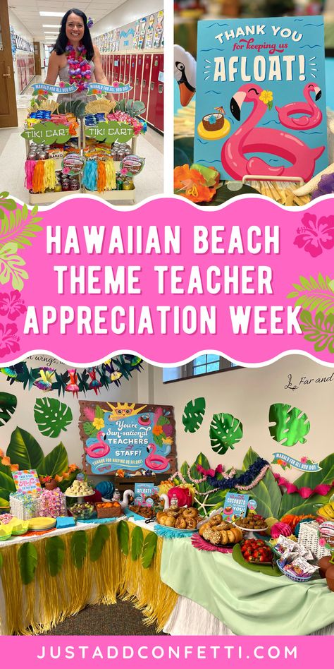 Say aloha to this fun PTA PTO Tropical Hawaiian Beach theme Teacher Appreciation Week. This post is full of creative beach ideas and fun ways to celebrate all of the teachers and staff at your school! Also, I've created a set of tropical beach teacher appreciation printables that are available in my Just Add Confetti Etsy shop. Be sure to head to justaddconfetti.com for even more teacher appreciation ideas and PTA PTO teacher luncheon ideas and themes! Tiki Riffic Teacher Appreciation, Teacher Appreciation Week Hawaiian Theme, Luau Staff Appreciation Ideas, Back To School Teacher Luncheon Themes, Hawaiian Teacher Appreciation Week, Under The Sea Teacher Appreciation Theme, Teacher Luncheon Themes, Beach Themed Teacher Appreciation, Beach Theme Teacher Appreciation Week