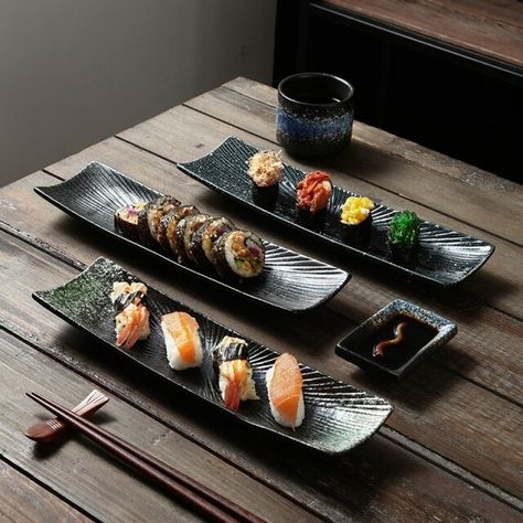 cuisine creative rectangular sushi plate sashimi plate cold dish plate Japanese ceramic plate retro restaurant strip plate _ - AliExpress Mobile Restaurant Dishes Plates, Sushi Plates Ceramic, Ceramics Food, Sushi Plate Set, Sushi And Sashimi, Retro Restaurant, Sushi Platte, Sushi Plates, Sushi Dishes