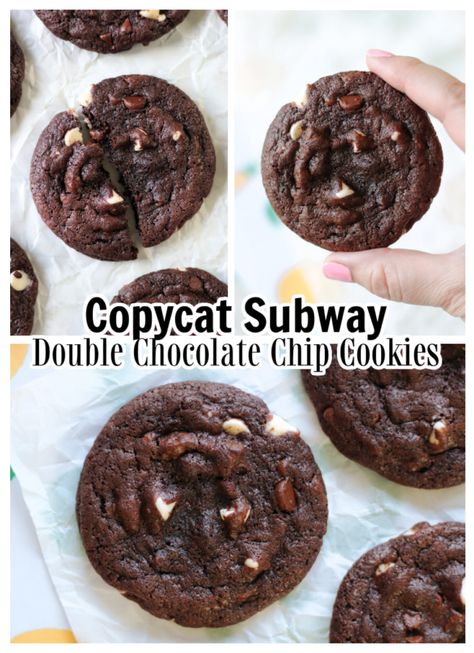 Copycat Subway Double Chocolate Chip Cookies Kitchen Sink Chocolate Chip Cookies, Subway Chocolate Cookies, Double Chocolate Chocolate Chip Cookies, Double Chocolate Chip Cookie Recipe With White Chocolate Chips, Homemade Double Chocolate Chip Cookies, Best Triple Chocolate Chip Cookies, Double Chocolate White Chip Cookies, Cookie Recipes Double Chocolate, Double Chocolate Chunk Cookie Recipe