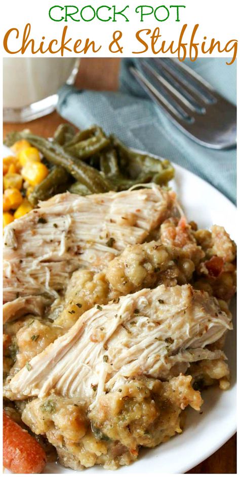 Just set it and forget it ;) This crock pot chicken & stuffing is a delicious home cooked meal that's as easy as it gets! Stove Top Stuffing, Chicken And Stuffing, Chicken Stuffing, Crock Pot Chicken, Crockpot Dishes, Stuffing Recipes, Crock Pot Slow Cooker, Crock Pot Cooking, Tikka Masala