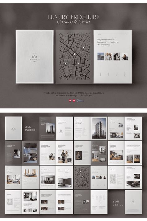 Luxury Brochure Template Beautiful Brochure Design, Premium Brochure Design, Real Estate Brochure Design Luxury, Luxury Property Brochure, Luxury Brochure Design Layout, Elegant Layout Design, Apartment Brochure Design, Building Brochure Design, Real Estate Brochure Design Layout