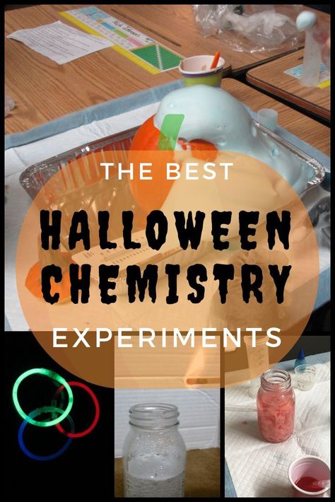 Nothing says chemistry like Halloween.  These experiments will become favorites.  They use simple supplies to create excitement among students.  Great for the science lab.  Each one demonstrates a different evidence of a chemical change.  Glowsticks, elephant toothpaste, and more. Halloween Science Experiments For Kids, Halloween Science Projects, Halloween Chemistry, Classroom Science Experiments, Kids Science Lab, Learning Chemistry, Halloween Science Activities, Spooky Science, Chemical Change