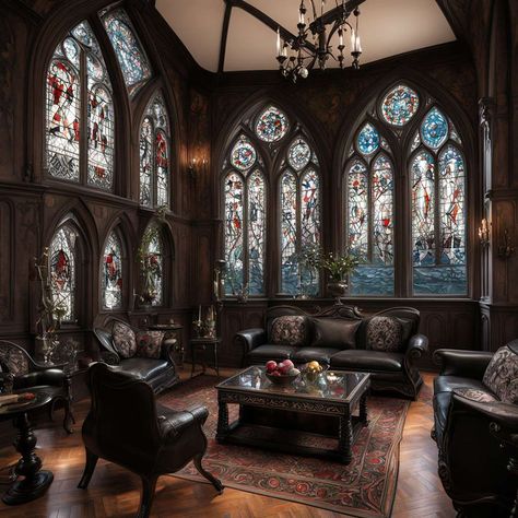 Gothic-style living room interior design with stained glass windows, table with ebony inlays Gothic Living Room, Sitting Rooms, Living Room Interior Design, Conceiving, Max On, Room Interior Design, April 20, Lounge Room, Gothic Style