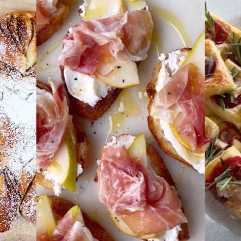 Mozzarella Prosciutto Appetizer Recipes, Brunch Ideas With Friends, Pear And Prosciutto Crostini, Ricotta Baguette Appetizer, Pear Bruschetta Appetizers, Baguette Toppings Appetizers, Tapas Food Ideas, Things On Toast, Meals With Ricotta