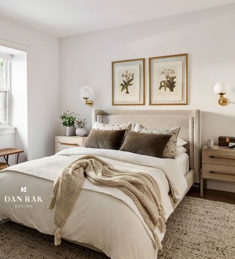 Gorgeous neutral-toned bedroom in our Brooklyn, NY project. Dan Rak Design used organic feeling textiles to create a cozy and inviting atmosphere. The Dobson Queen bed is upholstered in nubby- boucle type oatmeal fabric and the stacked headboard elevates the design just enough. Bedroom Cream Headboard, Cream Fabric Headboard Bedroom Ideas, Oatmeal Headboard Bedroom, Cream Bed Bedroom Ideas, Tan Upholstered Headboard Bedroom, Cream Upholstered Bed Bedrooms, Tan Bed Frame, Tan Headboard Bedroom, Cream Headboard Bedroom