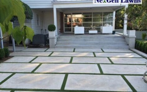 Lawn Flooring Ideas, Concrete And Grass Patio, Concrete That Looks Like Pavers, Artificial Grass Between Pavers, Pavers With Artificial Grass In Between, Grass And Pavers Backyard Ideas, Cement Pavers Patio, Pavers With Turf In Between, Concrete Pavers Backyard