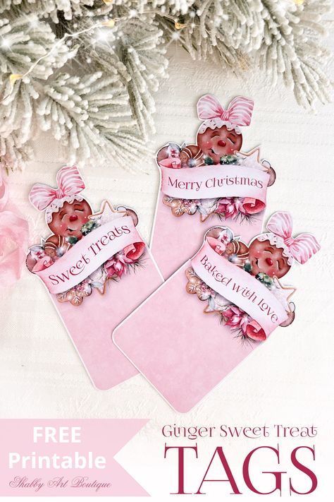 Ginger Kisses Free Printable Sweet Treat Tags Christmas Ornament Printables Free, Gingerbread Tags Free Printable, Free Pink Christmas Printables, Christmas Candy Wrappers Printable Free, Gingerbread Gift Tags Free Printable, Gingerbread Tags, Pink Christmas Tags, Christmas Pink Tags, Free Christmas Printables Vintage