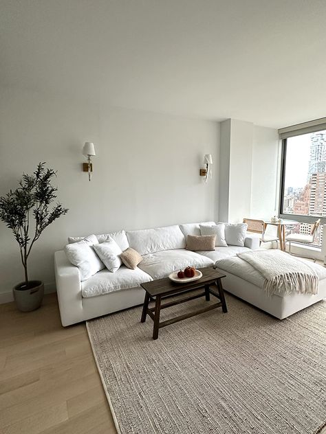 Cloud Sofa Apartment, Curvy Couch Living Rooms, White Cloud Couch Living Room Decor, Minimal Couches Living Room, Cloud Couch Small Living Room, Neutral Living Room Rugs On Hardwood, Cloud Sectional Living Room, Cloud Couch Living Room Decor, Cloud Sofa Living Rooms