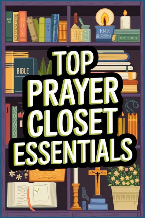 Bookshelf with religious books, candles, and a crucifix, titled "Top Prayer Closet Essentials". Prayer Closet Ideas Spaces, Prayer Closet Ideas, Prayer Binder Ideas, Study Sheets, Christian Articles, Binder Ideas, Prayer Closet, Relationship With God, Closet Lighting