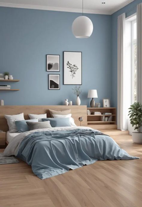 Aesthetic Wall Paint Colors, Blue Colour Room Ideas, Aesthetic Paints For Room, Bedroom Colour Palette Blue, Bedroom Paint Colour Ideas, Scandi Blue Bedroom, Calm House Decor, Blue Paint Ideas For Bedroom, Blue Calm Bedroom