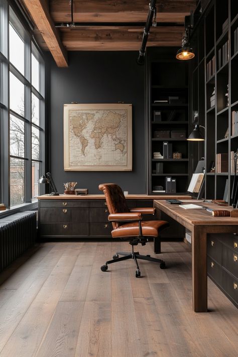 Create the perfect home office with these decor ideas and inspirations. Masculine Dark Office, Manly Office Design, Moody Office Desk, Moody Office With Fireplace, Black And Light Wood Office, Oak Office Ideas, Architects Home Office, All Wood Office, Modern Office Library