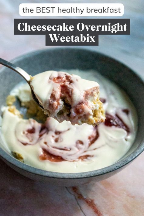 Overnight Weetabix Cheesecake, High Protein Weetabix Breakfast, Weet Bix Recipes Breakfast, Healthy Overnight Weetabix Recipes, Protein Weetbix Breakfast, Overnight Weetbix Protein, Overnight Weetabix Recipes, Weetabix Cheesecake, Weetbix Recipes