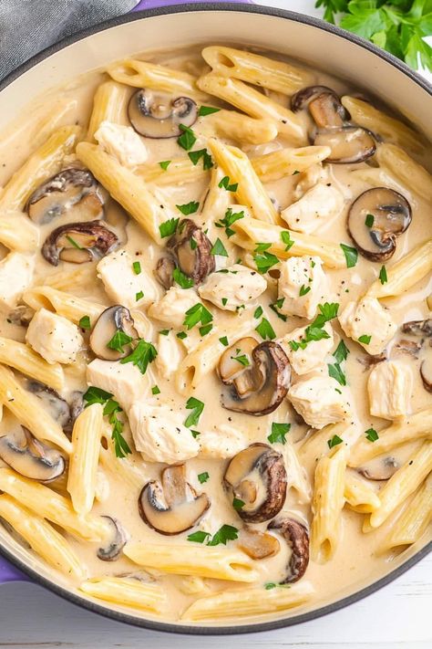 This creamy chicken and mushroom pasta is a one-pot meal the family will love! With hints of garlic and white wine, the flavor is out of this world. Italian Chicken And Mushroom Recipes, White Mushroom Pasta, White Sauce Mushroom Pasta, Chicken And Mushroom Pasta Recipes, Chicken Mushroom Pasta Recipes, Pasta With Chicken And Mushrooms, White Wine Pasta Recipes, Cream Chicken Pasta, Creamy Chicken And Mushroom Pasta