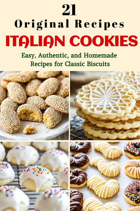 This image features a variety of traditional Italian cookies, perfect for festive occasions or celebrations. The text highlights "21 Original Recipes Italian Cookies" and emphasizes easy, authentic, homemade recipes for classic biscuits. The cookies include sesame-coated, pizzelle, and icing-topped varieties. Italian Soft Biscotti, Amaretto Butter Cookies, Italian Wafer Cookies, Wedding Cookies Italian, Italian Pinole Cookies, Italian Seven Layer Cookies, Italian Anisette Cookies Recipe, Polish Lemon Sandwich Tea Cookies, Italian Cookie Recipes Italy