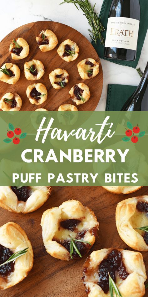 Cranberry Havarti Puff Pastry Bites. Cranberry Havarti Puff Pastry Bites are a delicious and easy appetizer to make for any special occasion. With cranberries, Havarti cheese, and puff pastry as the main ingredients, these bite-sized treats are sure to impress guests. Not only do they look beautiful on the plate, but their crunchy texture and salty-sweet flavor will make them a favorite of all who try them. via @sizzlingeats Turkey Cranberry Puff Pastry Bites, Cranberry Appetizer, Cranberry Bites, Puff Pastry Cream Puffs, Puff Pastry Appetizers, Havarti Cheese, Havarti, Cheese Puff Pastry, Easy To Make Appetizers