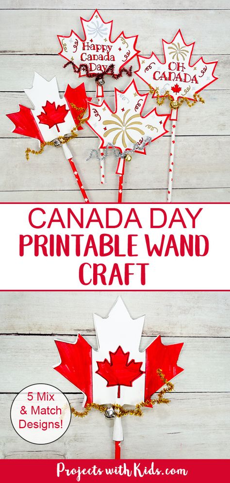 Kids will have fun making this easy Canada Day printable wand craft that can also be used as a noisemaker! A fun paper craft kids will love with 5 mix and match designs to choose from. #projectswithkids #canadadaycrafts #papercrafts #kidscrafts Canada Day Art For Kids, Canada Day Kids Activities, Canada Day Crafts For Seniors, Canada Day Preschool Crafts, Canada Day Kids Crafts, Canada Day Games For Kids, Canada Day Preschool Activities, Canada Day Activities For Toddlers, Canada Day Activities For Preschoolers