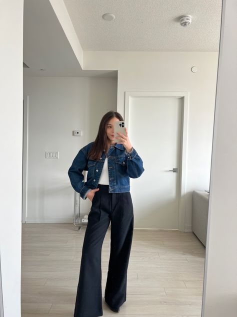 Denim jacket, black pants, black boots, white bodysuit Fall Petite Outfits 2024, Petite Fall Fashion 2024, 2024 Petite Fashion, Petite Fall Outfits 2023, Fall Petite Outfits, Petite Fall Outfits, Petite Fall Fashion, Petite Winter Outfits, Sloane Tailored Pant