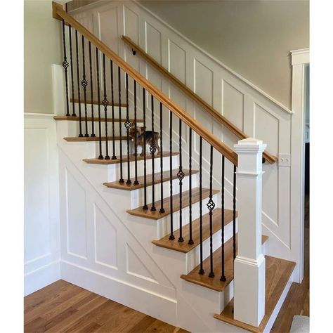 BTERAZ Wrought Iron Railings | Wayfair Stairs Decor Ideas, Painted Stair Railings, Indoor Stair Railing, Iron Stair Balusters, Black Stair Railing, Stair Railing Makeover, Stairs Makeover Ideas, Farmhouse Stairs, Metal Stair Railing