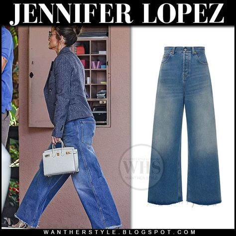 Jennifer Lopez in blue blazer and wide leg gucci jeans Blazer And Wide Leg Jeans, Blush Pumps, Gucci Denim, Gucci Jeans, Black Skort, Leather Knee Boots, Beige Shirt, Black Flip Flops, White Floral Dress