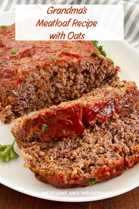 Grandma's Quaker Oats Meatloaf is a classic meatloaf recipe with oatmeal instead of bread crumbs and other simple ingredients. Easy comfort food and a delicious dinner the whole family will love! via @meamel Meatloaf With No Onions, Moms Best Meatloaf, Paula Deen Meatloaf With Oats, Meatloaf Using Oatmeal, Meatloaf With Carrots And Celery, Meatloaf With Tomato Soup, Meatloaf With Oatmeal Rolled Oats, Quaker Oats Meatloaf Recipe Oatmeal, Meatloaf Made With Oats