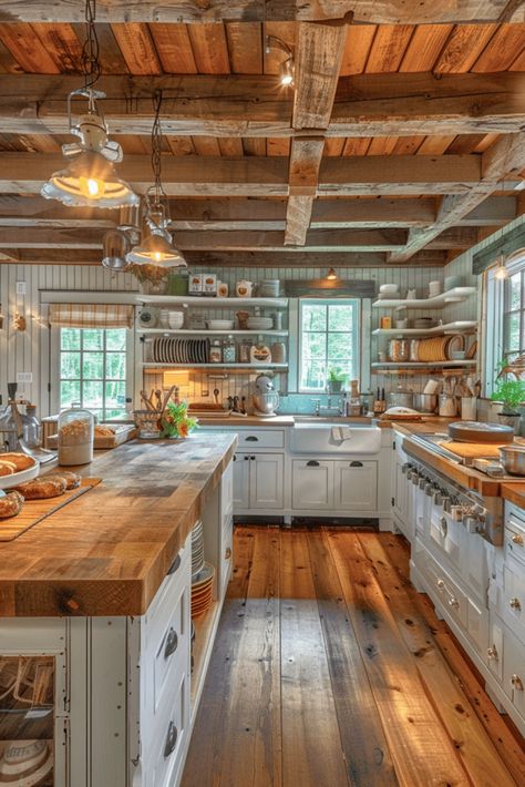 Butcher Countertops, Welsh Farmhouse, Cozy Country Kitchen, Farmhouse Countertops, Butcher Block Countertops Kitchen, Butcher Block Ideas, Log Cabin Kitchens, Log Home Kitchens, Farmhouse Kitchen Decor Ideas