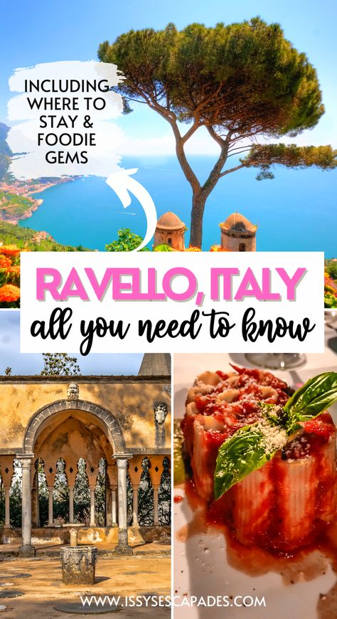 Ravello Italy pin cover, showing images of the famous trees and two domes view on mountainside overlooking azure waters of amalfi coast, a golden set of arches in an ornate garden and a creative past dish with tomato sauce and parmesan. Things To Do In Ravello Italy, Best Amalfi Coast Towns, Villa Cimbrone Ravello, Amalfi Restaurants, Amalfi Itinerary, Ravello Italy Amalfi Coast, Aesthetic Amalfi Coast, Amalfi Coast Restaurants, Amalfi Town