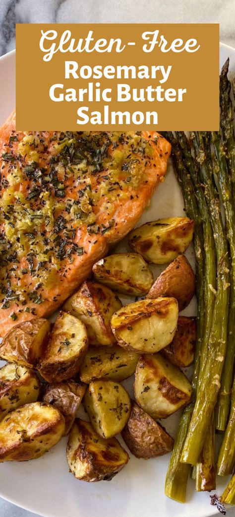 Dairy Free Salmon Recipes, Gluten Free Salmon Recipes, Rosemary Garlic Butter, Gluten Free Fish Recipes, Roasted Salmon Recipes, Baked Salmon And Asparagus, Rosemary Salmon, Gluten Free Salmon, Rosemary Roasted Potatoes