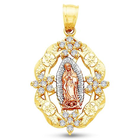 14K Tri 3 Color Gold Milgrain Ornate Our Lady Of Guadalupe Virgin Mary Pendant Charm with CZ Cubic Zirconia and Flower (25x20 mm) * Visit the image link more details. (This is an affiliate link and I receive a commission for the sales) Expensive Jewelry Luxury, Our Lady Of Guadalupe, Lady Of Guadalupe, Small Charms, Expensive Jewelry, Gold Diamond Jewelry, Cz Pendant, Yellow Gold Pendants, Flower Pendant